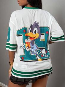 Slaydiva 女士宽松针织 V 领卡通字母印花落肩 T 恤 - 彩色 - 查看 2