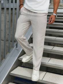 Manfinity Homme 男士条纹印花口袋抽绳腰时尚裤 - 卡其色 - 查看 4