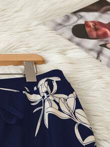 SHEIN JORESS 大码女式度假风全印花系带松紧腰宽松阔腿裤 - 藏蓝色 - 查看 6