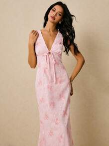 Poéselle Women's Dresses Net Embroidery Dress Pink Dress Romantic Vacation Tea Dress Vest Dress Women's Floral Embroidery Deep V-Neck Sleeveless Dress With Waist Tie Y2k Clothes Country Concert Outfit Old Money Streetwear Going Out Outfits Beach Vacation Outfits Party Outfit - Pink - View 6