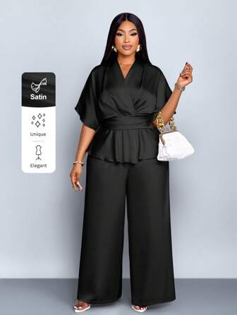 SOLERSUN Damen Mode Große Größen Frühling und Sommer, eleganter Hosenanzug in einfarbig mit V-Ausschnitt, stilvoller, exquisiter Kurzarm Satin Bluse mit asymmetrischem Saum und gerade, weite elegante Hose, Zweiteiler, lässiger, weiter Urlaubsanzug