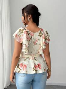 Celure Plus Size Women's Elegant Floral Print V-Neck Ruffle Sleeve Gathered Waist Blouse