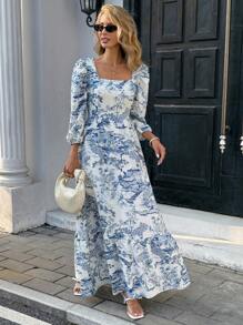 Pariaura French Chic Elegant Woven Square Collar 3/4 Sleeve Ruched Waist Summer New Arrival Floral Printed Dress For Women Autumn Dress Clothes For University