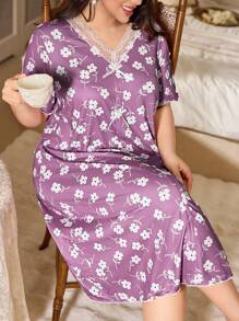 CottageSlumber Vestido de dormir de talla grande con estampado floral romántico, lazo y encaje, de seda de leche extra suave. Cómodo y relajado, vestido de dormir tipo "Moo Moo"