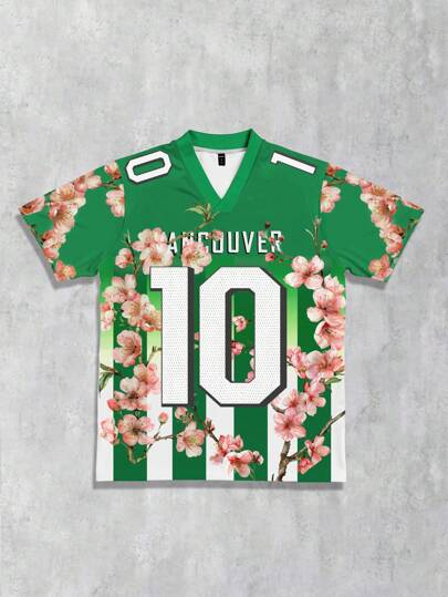 Men's Preppy Football & Floral Print Short Sleeve T-Shirt, Everyday Wear