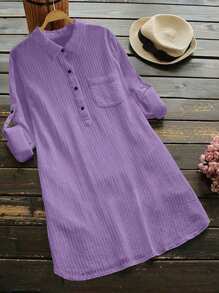 女式纯色半襟休闲衬衫，春夏 - 紫色 - 查看 3
