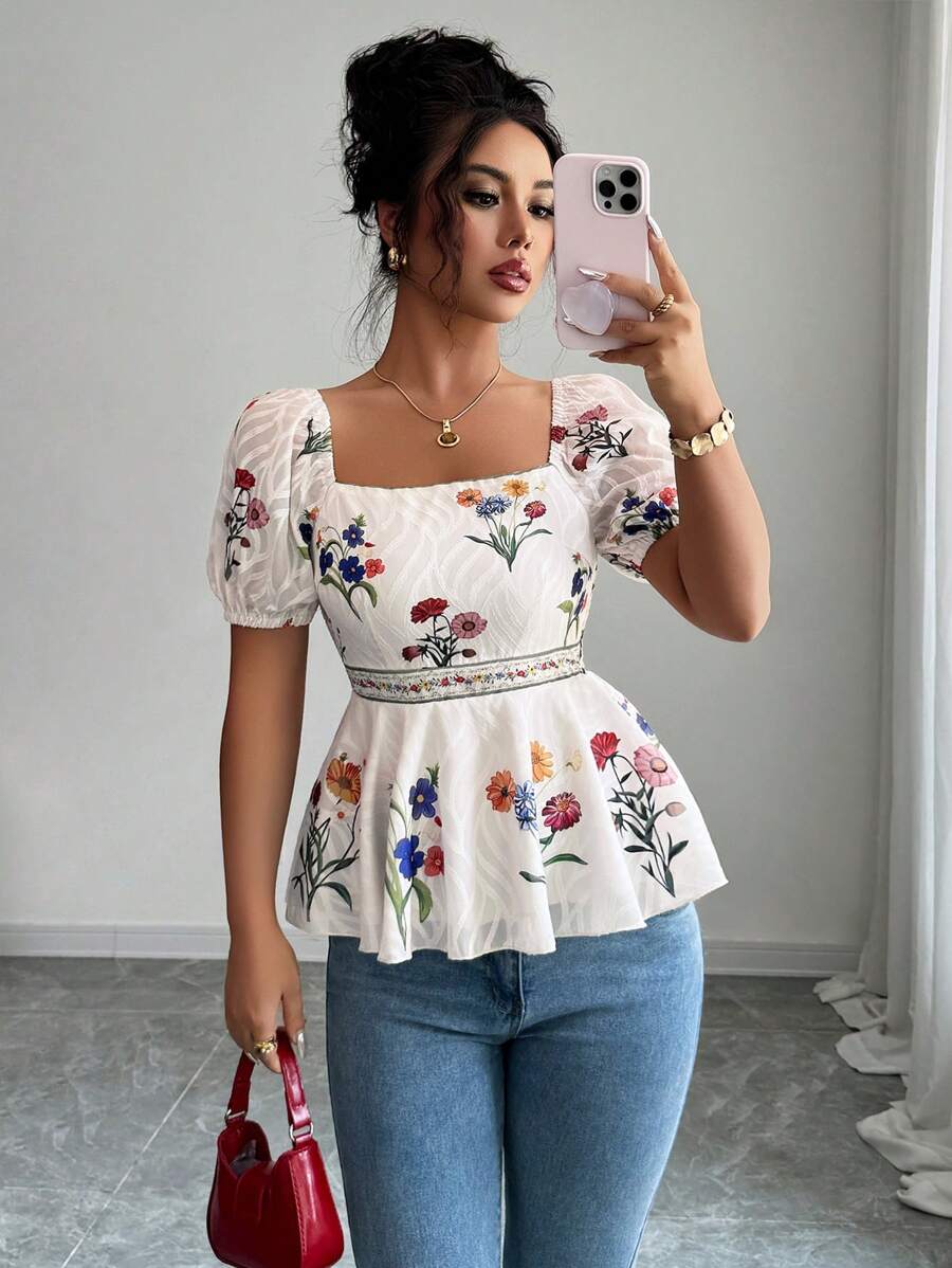 Elenzga Áo cánh nữ cổ vuông tay bồng ngắn in hoa viền bèo nhún, phong cách nghỉ dưỡng - Nhiều màu - Xem 1
