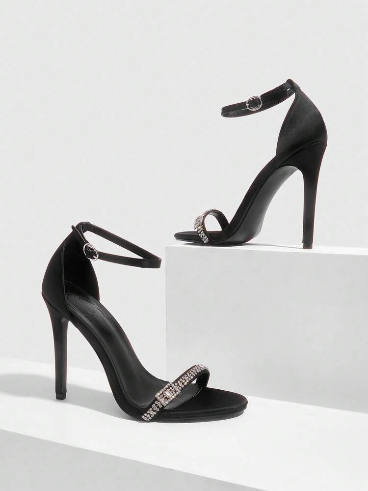 CUCCOO SZL Women's Fashion Summer New Strap Satin Rhinestone Decor Stiletto High Heel Sandals
