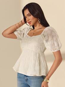 Almamuse Women Elegant Romantic Embroidered Short Sleeve Blouse - White - View 4