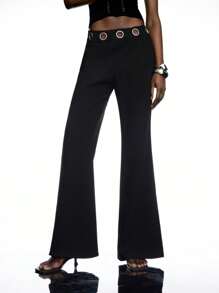 SHEIN X GALILEA LYSMO 女式金属环装饰镂空优雅喇叭裤 - 黑色 - 查看 5