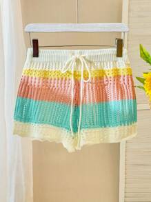 Skyraze Summer Casual Colorblock Striped Hollow-Out Knit Shorts - Multicolor - View 4