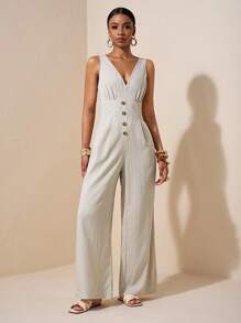 Zivah 海滩新款春夏度假背心式V领前中分纽扣装饰开襟阔腿宽松加长纹理面料女连体裤 - 杏色 - 查看 1