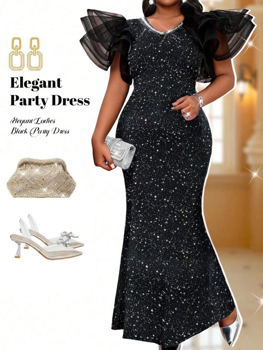 Fleurora 春夏秋冬优雅派对婚礼酒会黑色针织甜心荷叶边袖美人鱼紧身大码连衣裙女士夏季连衣裙女士夏季服装女士连衣裙女士白色连衣裙黑色连衣裙婚礼宾客连衣裙女士优雅派对连衣裙女士太阳裙大码女装女士连衣裙女士优雅正式连衣裙女士生日连衣裙女士夏季连衣裙女士正式连衣裙 - 黑色 - 查看 1