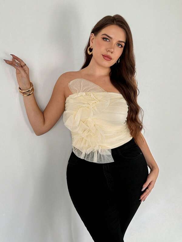 Firerie Plus Size Women 3D Floral Decor Mesh Tube Top Strapless Tops For Women Tops For Women Elegant Corset Top Dress Dress Top Corset Yellow  Tops Women  Cream Yellow Vest Dress Fall Women Clothes Back To School Clothes Fall Women Clothes