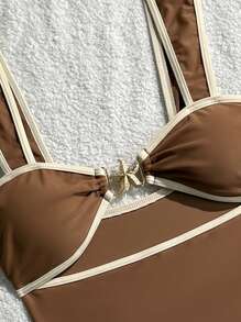 Swim Vcay 女士度假沙滩黑白尼龙面料连体泳衣 - 咖啡棕 - 查看 6