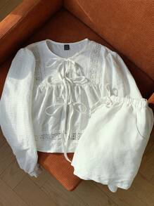 Comfortcana Conjunto casual de 2 piezas con camisa blanca de encaje tejido y pantalones cortos - Blanco - Ver 5