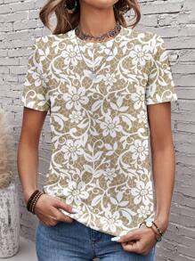EMERY ROSE Casual Elegant Floral Graphic Round Neck Loose Fit Women T-Shirt
