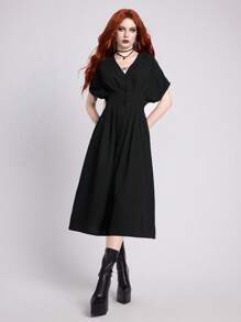 ROMWE Grunge Punk Gaun Kasual Wanita Warna Polos Lengan Kelelawar, Musim Panas - Hitam - View 2