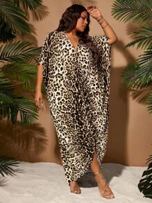 SHEIN SXY Plus Size Women's Spring&Summer Elegant Sexy Leopard Print Indented Pleat Design Fashion Split Front Gather Dress,Suitable For Everyday Wear, Western Wear,Music Festival,Concert Leopard Print Plus Size Plus Size Leopard Print Dress Plus Size Kaftan; Animal Print Plus Size; Plus Size Maxi Dress - Multicolor - View 4