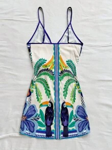 Soleia 女士度假热带元素椰子树棕榈叶细肩带迷你裹身裙热带连衣裙度假裙沙滩裙热带印花连衣裙女士度假服 - 彩色 - 查看 2