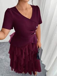 Ellevyn Plus Size Women Button Decor Short Sleeve Mesh Hem Elegant Dress,Wedding Guest Dress Plus Size Elegant Dress Burgundy Tulle Dress - Burgundy - View 8