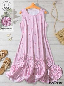SHEIN LUNE Plus Size Women's Summer Butterfly Stripe Floral Decor Sleeveless Dress Tea Party Dress, Graduation Dresses For Women, Romantic And Elegant, Commute Vacation Outfits Minimalist, Simple & Fashionable Suitable For Daily Wear, 3D Flower Decoration On The Hem, Round Neck Sleeveless Fishnet Mini Dress Ins Blogger Outfits, Elegant Personalized Party, Elegant Daily Party Event Vacation Style, Holiday Outfits, Boho/Bohemian Waist-Slimming Mini Dress, - Pink - View 4