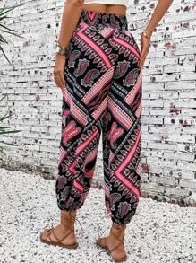 SHEIN Tall Pantalon de harem plissé à la taille à imprimé rétro pour femmes (imprimé rétro aléatoire) - Multicolore - Voir 2