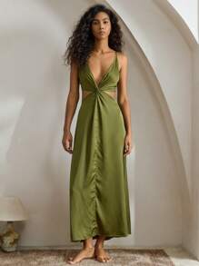 Ocili Ocili Vestido largo de satén sedoso y cómodo con tirantes retorcidos, estilo minimalista, camisón de descanso para damas