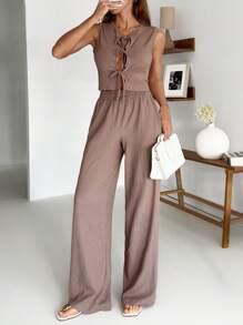 SHEIN Dames effen kleur 2-delige outfits Co-Ords strik voor of achter top mouwloze blouse en wijde broek casual lente zomer