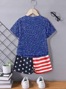Explorewe 1 Set de Ropa Casual de Moda Urbana para Niños Pequeños con Camiseta de Manga Corta de Cuello Redondo y Estampado de Bandera de EE. UU., Estrellas y Rayas, y Pantalones Cortos, para Verano - Multicolor - Ver 2