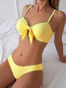 SHEIN Women's Solid Color Twist Front Halter Sexy Yellow Bikini Set, Perfect For Beach Vacation