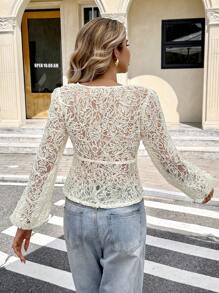 2026 Blusa de manga larga con mangas de farol, cuello redondo, bordado frontal y lazo, para mujer, estilo casual de vacaciones, para otoño e invierno, elegante, para salir, para oficina, para brunch, para Halloween, para homecoming - Albaricoque - Ver 6