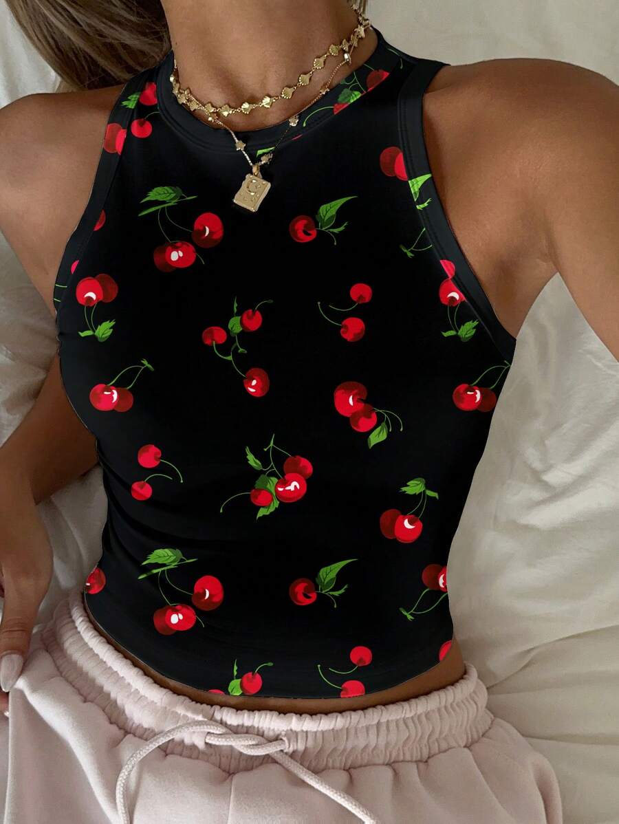 SHEIN EZwear Cherry Print Casual Minimalist Round Neck Slim Fit Women Tank Top Suitable For Summer Chic - Multicolor - View 1