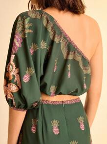 CAJUNI 2pcs/Set Printed Lantern Sleeve Top And Slit Hem Skirt - Multicolor - View 7
