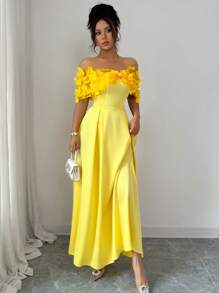 Selianne 女式春夏波西米亚风休闲优雅拼布网眼贴花蝴蝶刺绣连衣裙 - 黃色 - 查看 5