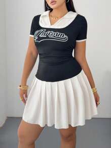 Flirla Retro V-Neck 2 In 1 Polo Collar Black And White Bodycon Dress,Back-To-School Graduation Casual Summer Mini Dress,Short Sleeve Letter Print Mini Dress - Multicolor - View 2
