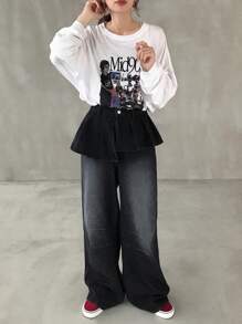 FRIFUL 女式休闲水洗牛仔荷叶边二合一牛仔裤 - 黑色 - 查看 3