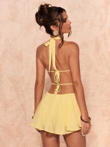 SHEIN BAE 性感纯色低胸露背吊带迷你连衣裙，夏季 - 黃色 - 查看 2