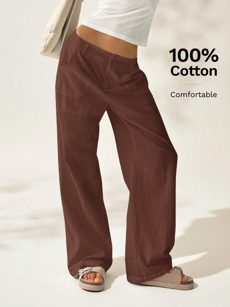 Easelle Women's Casual Coffee Brown Cotton Washed Straight Leg Pants - Coffee Brown - View 1