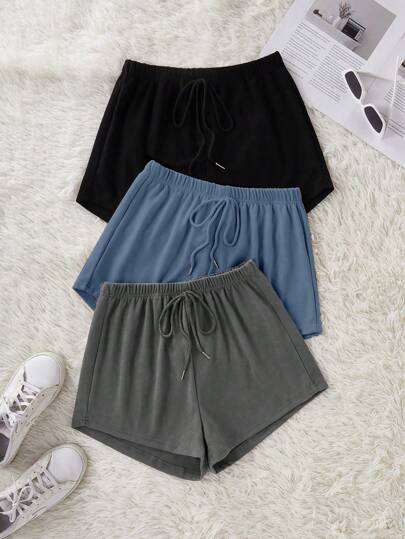 SHEIN 3pcs Women Solid Color Drawstring Waist Casual Shorts Women Short Sets Shorts Lounge Set 2 Pieces Short Sets Woman Shorts Comfy Curve Short Sets