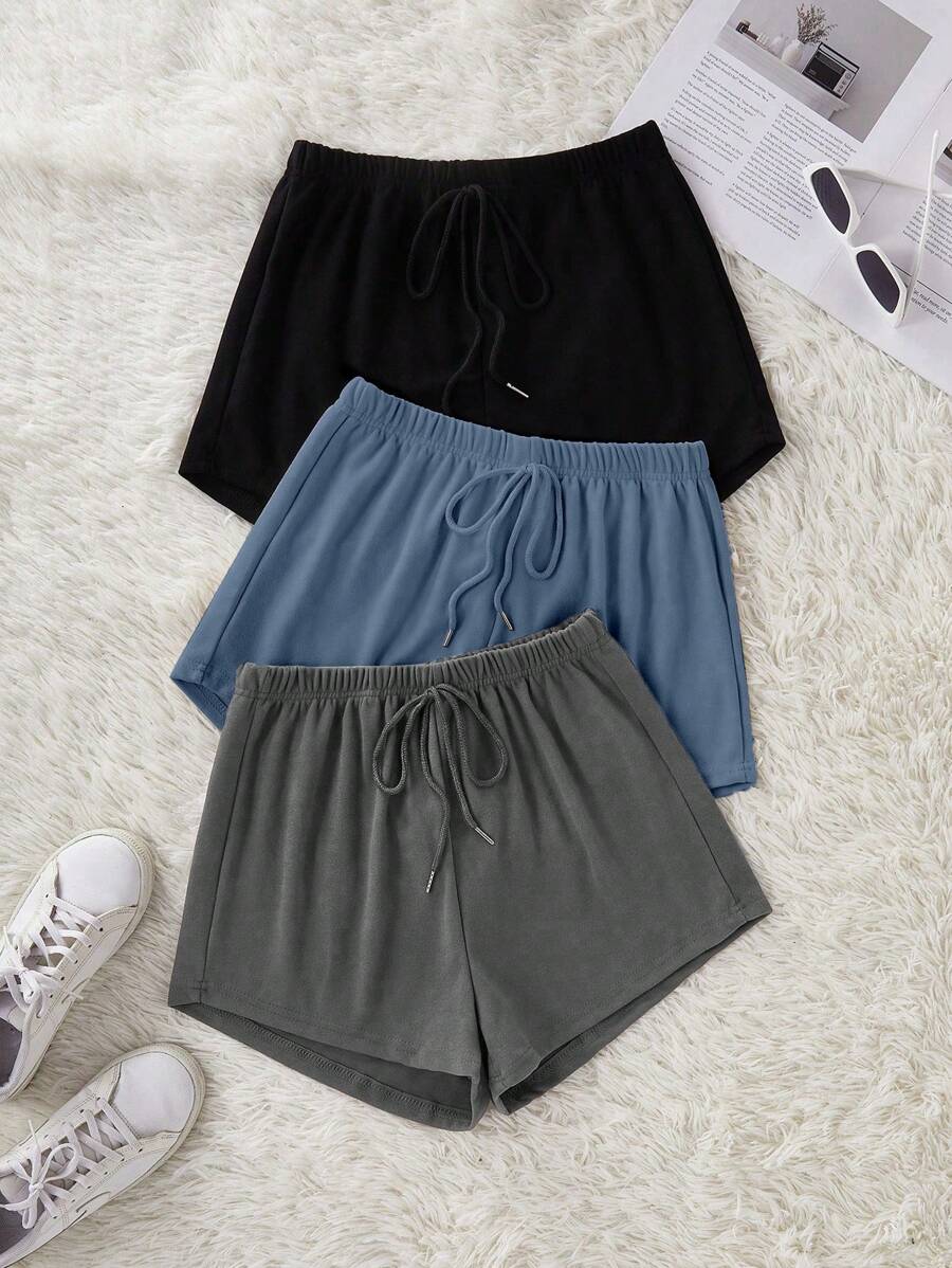 SHEIN 3件套女士纯色抽绳腰休闲短裤女短套装短裤休闲套装2件套短裤女士短裤舒适曲线短套装 - 彩色 - 查看 1