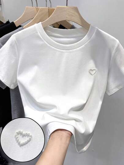 INAWLY Tricou cu mânecă scurtă, cu gât rotund, cu inimă, minimalist, vară