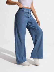 Flexra Women's Casual Street Elastic Waist Loose Fitting Wide Leg Jeans With Side Pockets