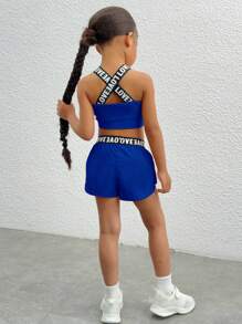 SHEIN Leap Crew 2pcs Girls Solid Color Letter Print Elastic Waist Knit Top And Shorts Sports Set,  Blue  Girls Workout Set. - Blue - View 3