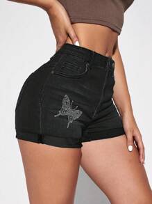 SHEIN 女士休闲百搭水钻蝴蝶印花牛仔短裤 - 黑色 - 查看 5