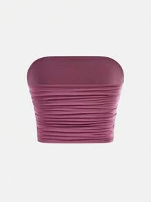 SHEIN 青少年女孩简约舒适褶饰弹力修身吊带背心 - 淺灰紫 - 查看 2