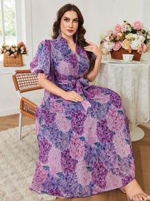 Modelyn Abito lungo e fluido con maniche corte, elegante, di lusso, per taglie comode