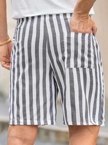 Manfinity VCAY Men Cotton Letter Patched Striped Drawstring Waist Shorts