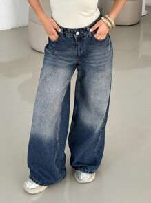 EURMUSE DAMEN JEANS MIT WEITEM BEIN UND NIEDRIGER TAILLE Jeans mit weitem Bein Lockere Jeans Schlagjeans Übergroße Jeans Baggy-Jeans