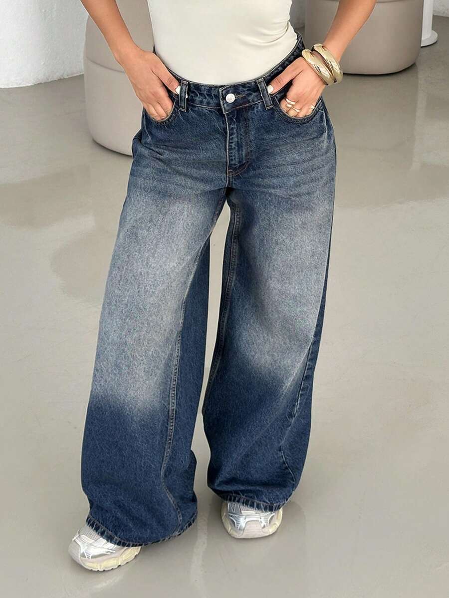 EURMUSE DAMEN JEANS MIT WEITEM BEIN UND NIEDRIGER TAILLE Jeans mit weitem Bein Lockere Jeans Schlagjeans Übergroße Jeans Baggy-Jeans